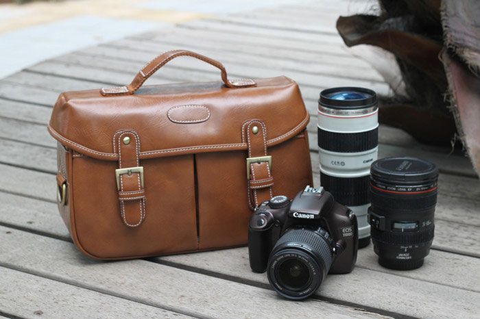 cream leather camera bag