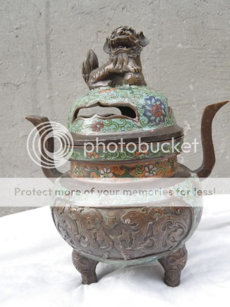 Old Chinese 10China bronze cloisonne fancy carved Foo dogs censer 