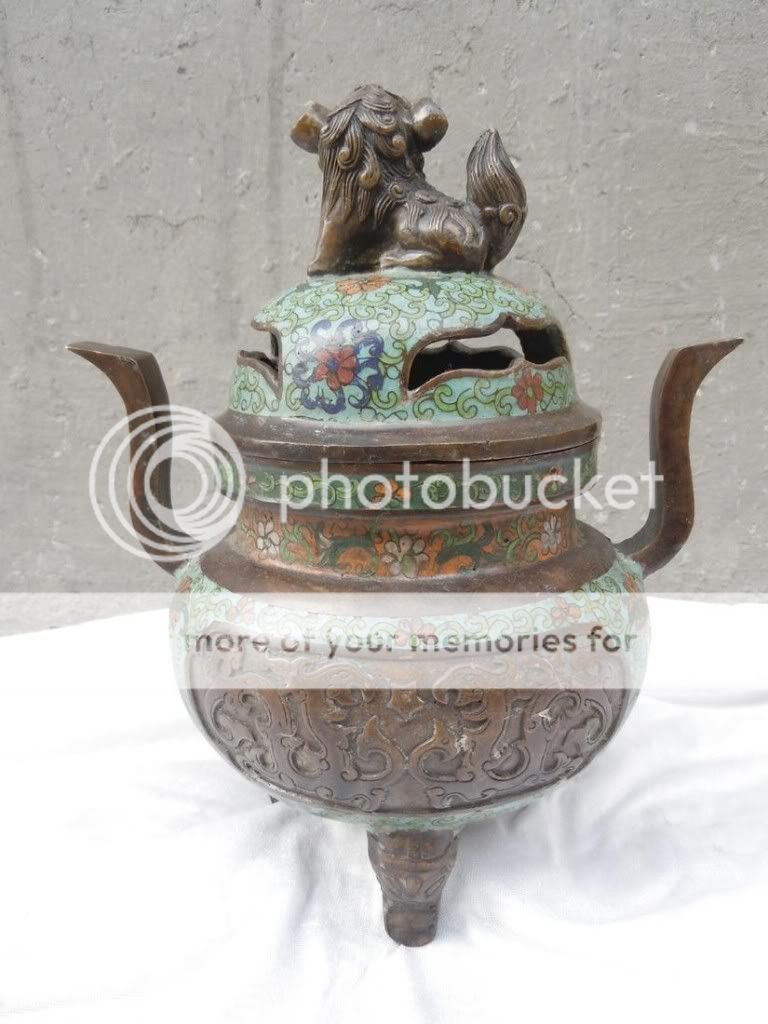 Old Chinese 10China bronze cloisonne fancy carved Foo dogs censer 