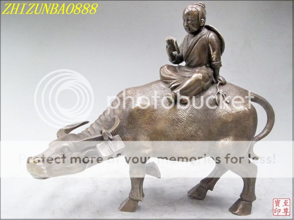 11chinese Classic pure Bronze sculpture School Boy Ride Cows OX 